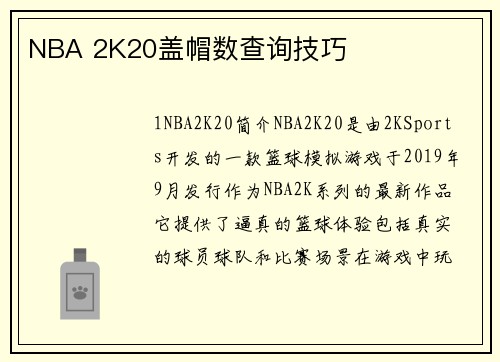 NBA 2K20盖帽数查询技巧