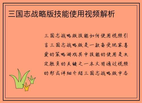 三国志战略版技能使用视频解析