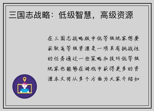三国志战略：低级智慧，高级资源