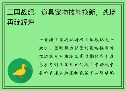 三国战纪：道具宠物技能换新，战场再绽辉煌